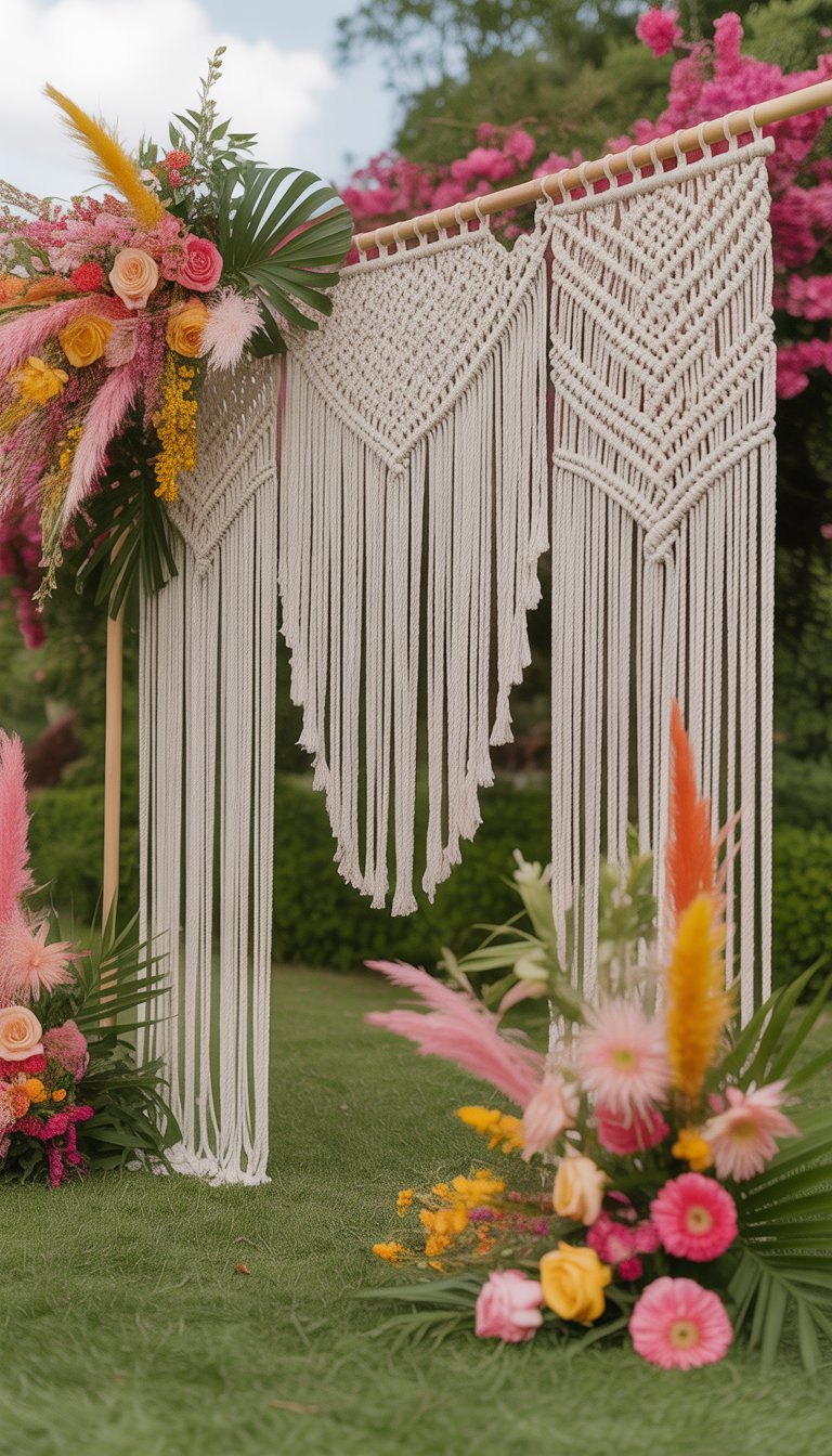 Bright outdoor garden wedding setup with macramé backdrops and colorful floral decorations.