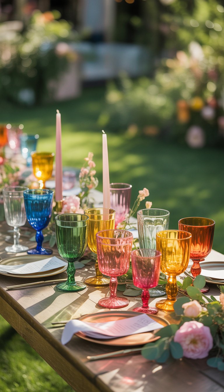 Colorful glassware in various shades arranged on a wooden table in a garden setting with flowers and greenery.