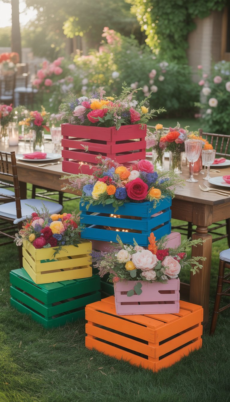 Outdoor garden wedding tables with colorful painted wooden crates holding floral centerpieces surrounded by elegant table settings.