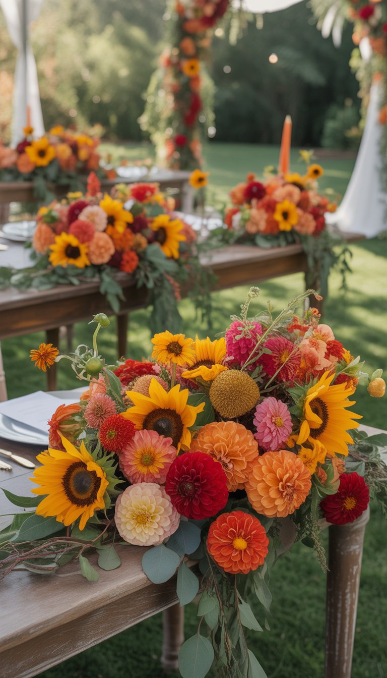 Bright sunflowers, dahlias, and zinnias arranged in floral installations in a garden wedding setting.
