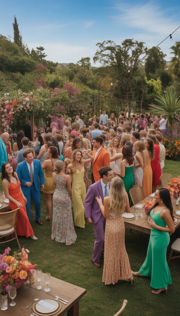 Guests dressed in colorful clothes celebrating at a garden wedding surrounded by flowers and greenery.