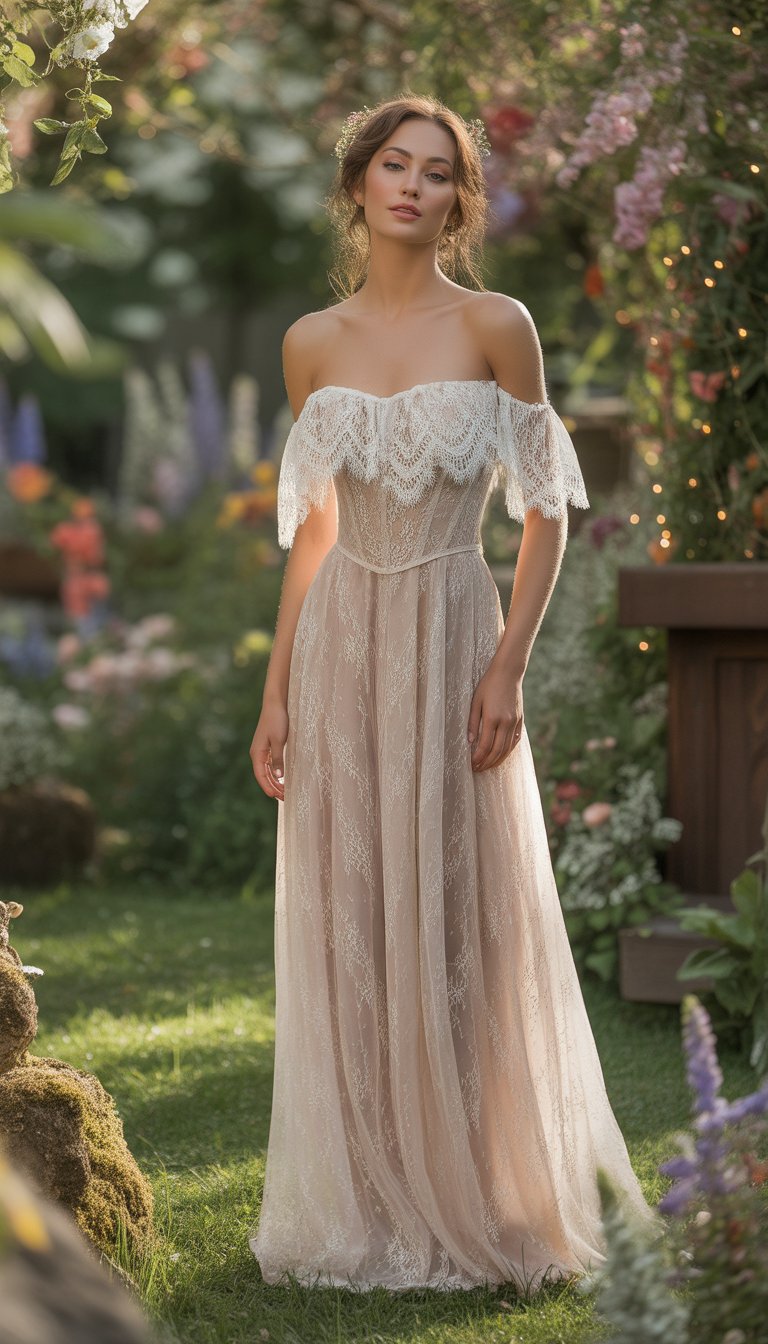 A woman in a lace off-shoulder wedding dress standing in a flower-filled garden with greenery and soft sunlight.