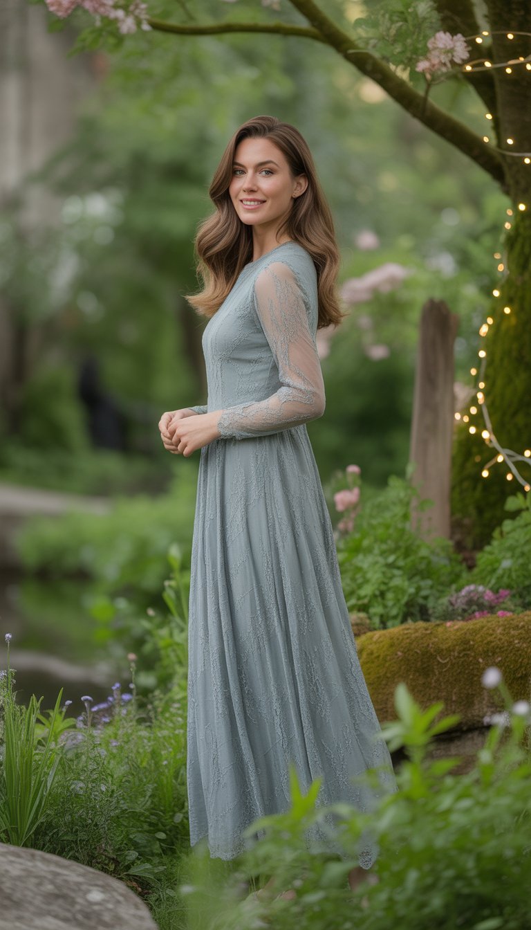 A woman stands outdoors in a garden wearing a long-sleeve green lace dress surrounded by plants and flowers.