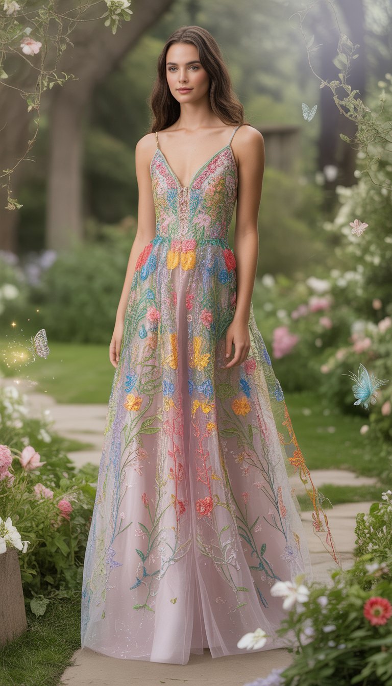A person standing outdoors in a garden wearing a colorful embroidered flowing gown surrounded by flowers and greenery.