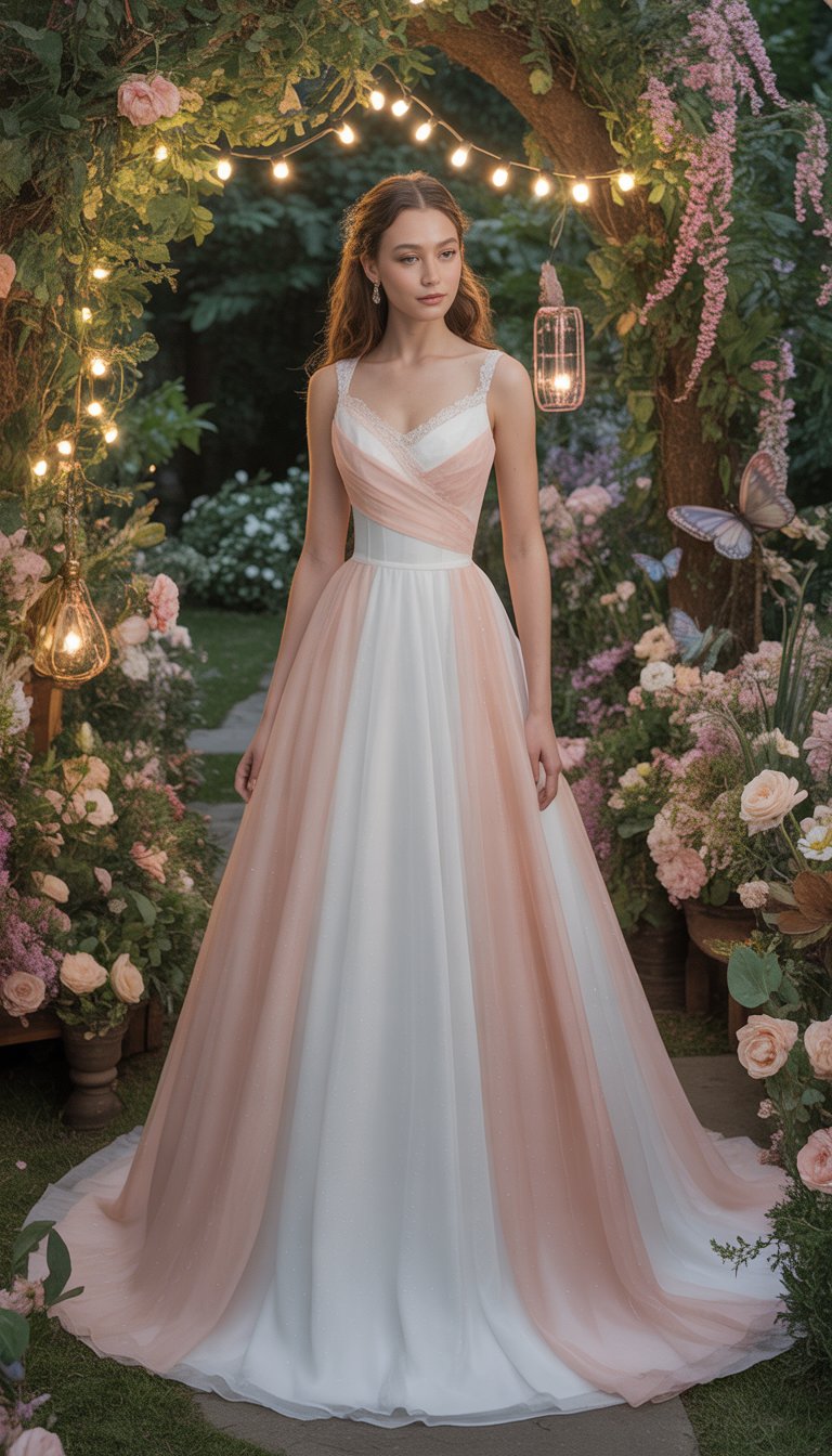 A person wearing a blush and white A-line dress standing in a lush garden surrounded by flowers and greenery.