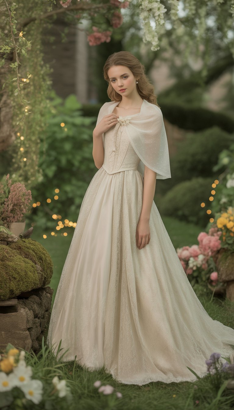 A woman wearing a wedding dress with a capelet standing in a lush garden surrounded by flowers and greenery.