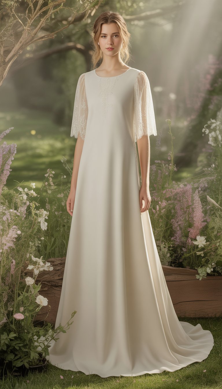 A simple wedding dress displayed in a garden surrounded by flowers and greenery.