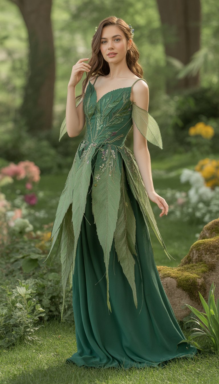 A woman in a deep green fairy dress stands in a lush garden surrounded by flowers and trees.