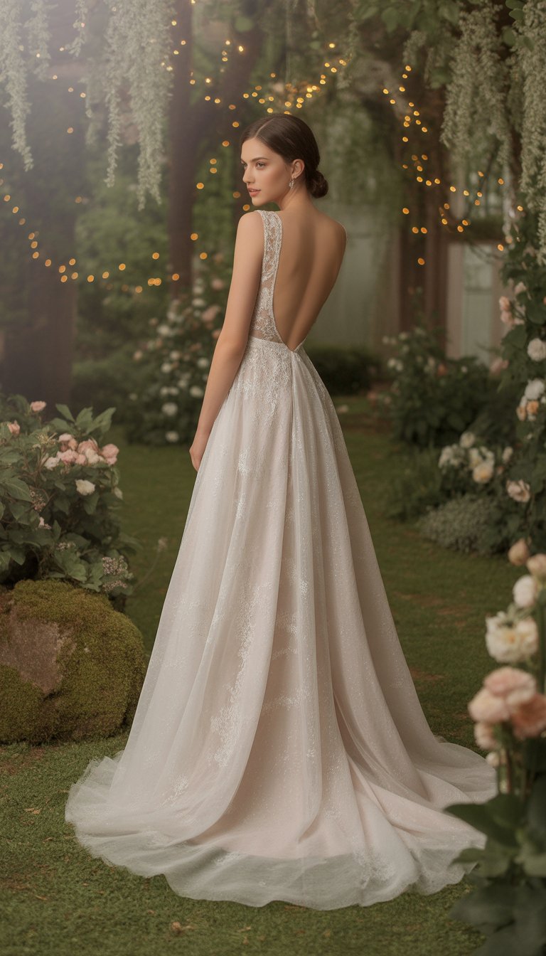 A bride in an open back wedding dress with a flowing skirt stands in a garden surrounded by flowers and greenery.