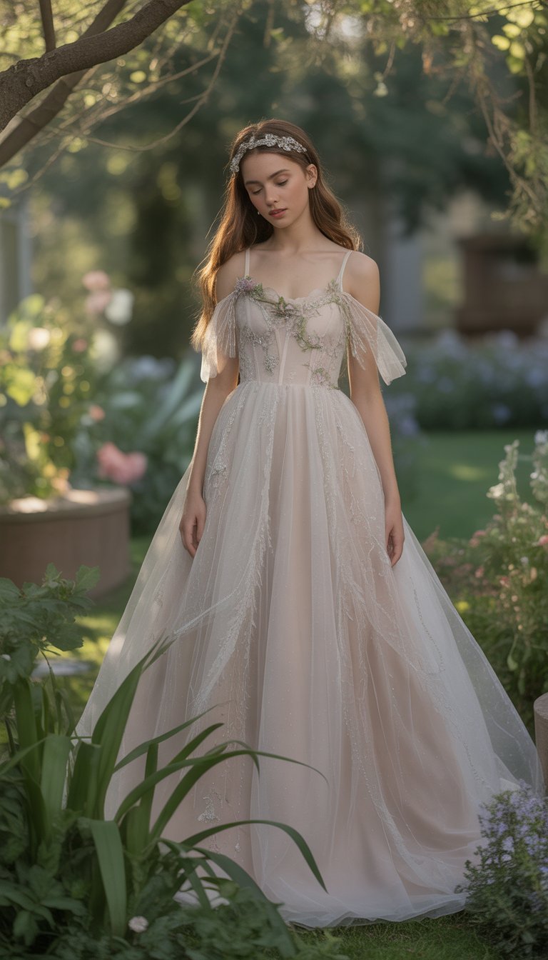 A model wearing a delicate fairy garden wedding dress and crystal headpiece standing in a lush garden with flowers and greenery.