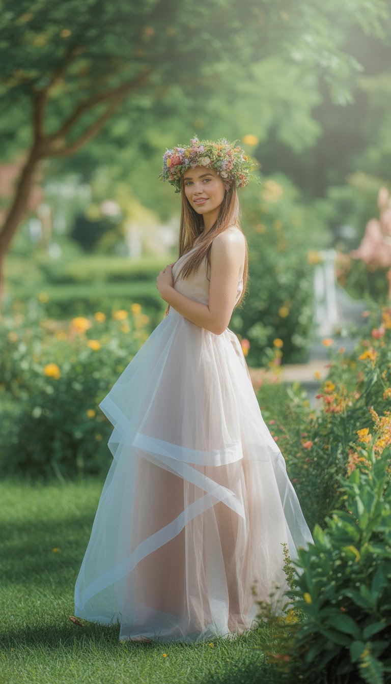 A woman wearing a layered tulle dress and a flower crown stands in a garden surrounded by greenery and flowers.
