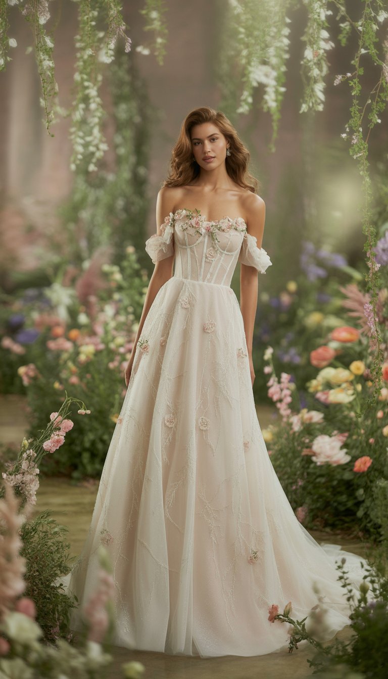 A woman in an off-shoulder wedding dress with floral details standing in a garden surrounded by flowers and greenery.