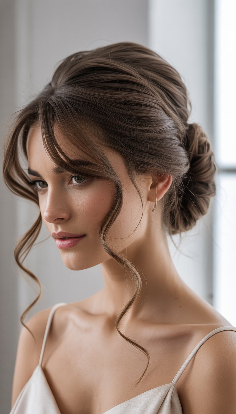 A woman with a messy low bun hairstyle and soft curls framing her face, looking serene against a plain background.