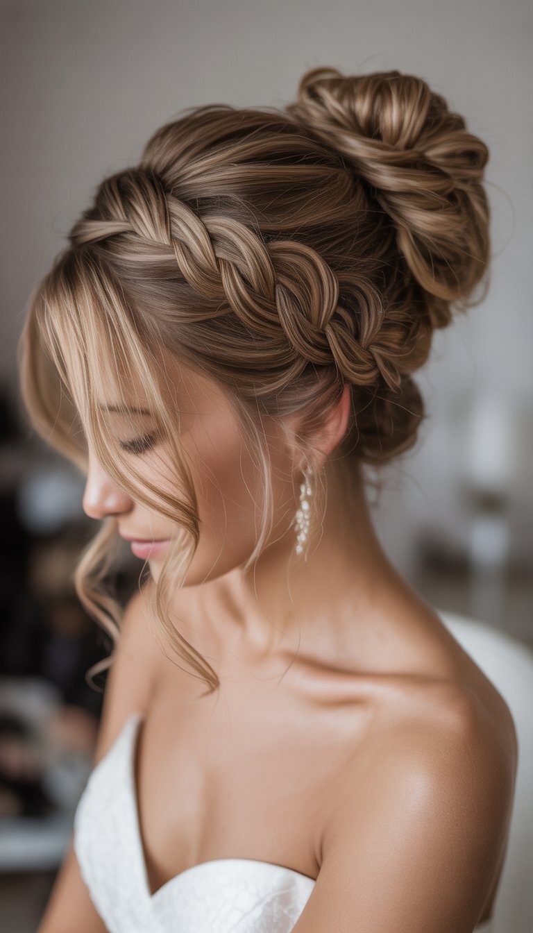 Close-up of a bride with a messy bun and loose side braids, smiling softly against a neutral background.