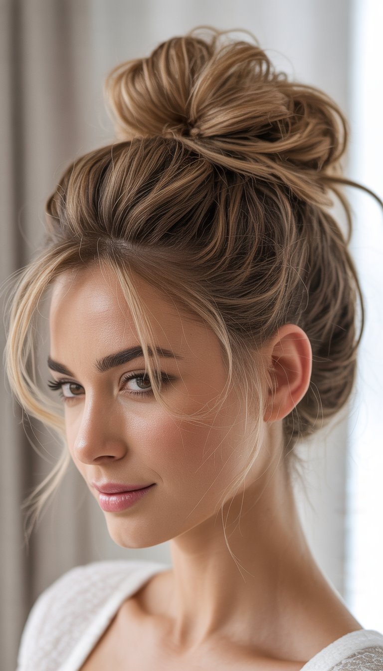 Close-up of a woman with a textured messy bun hairstyle on top of her head, softly smiling against a blurred background.