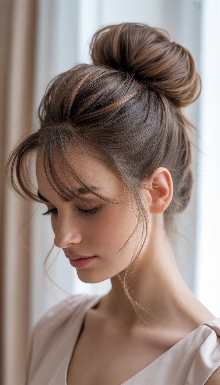 A woman with her hair styled in a bun, featuring a smooth base and loose strands around her face, photographed against a softly blurred background.