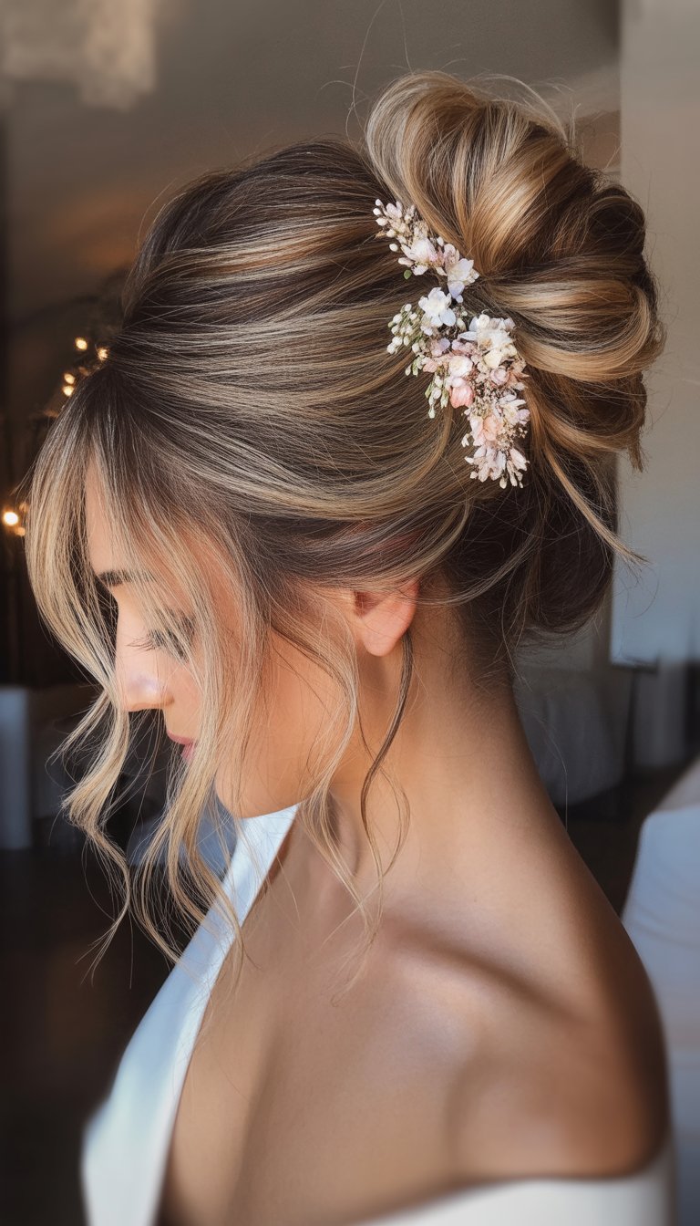 Close-up of a bride with a messy bun decorated with small floral hairpins.