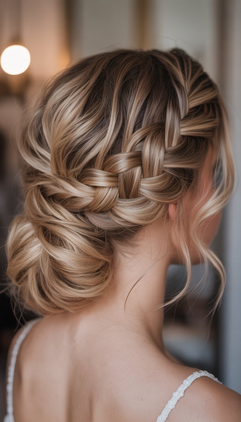 Close-up of a woman with a loose fishtail braid styled into a messy bun from the back.