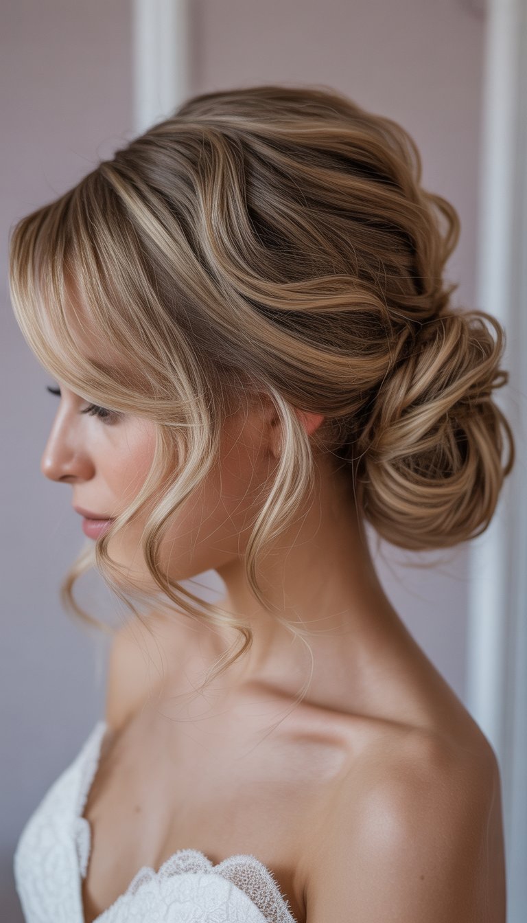 Close-up of a bride with a side-swept messy bun hairstyle and soft waves framing her face.