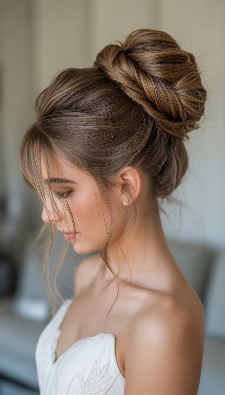 A young woman with a messy bun hairstyle with twisted sections pinned around her head, wearing a white wedding dress.