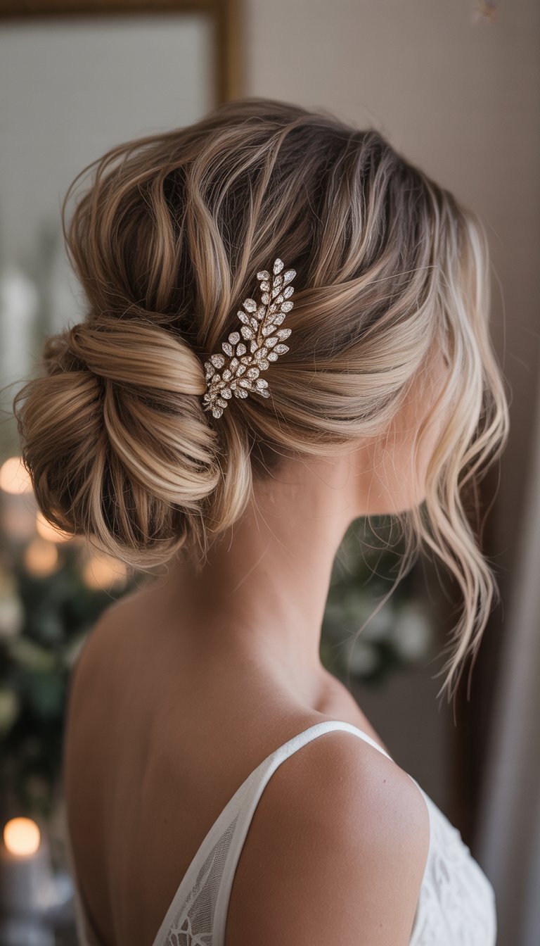 Close-up of a bride with a loose messy bun adorned with a jeweled hair comb.