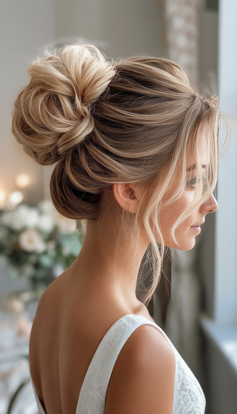 A bride with a soft messy bun hairstyle featuring wispy flyaways and baby hairs, looking serene in a softly lit setting.