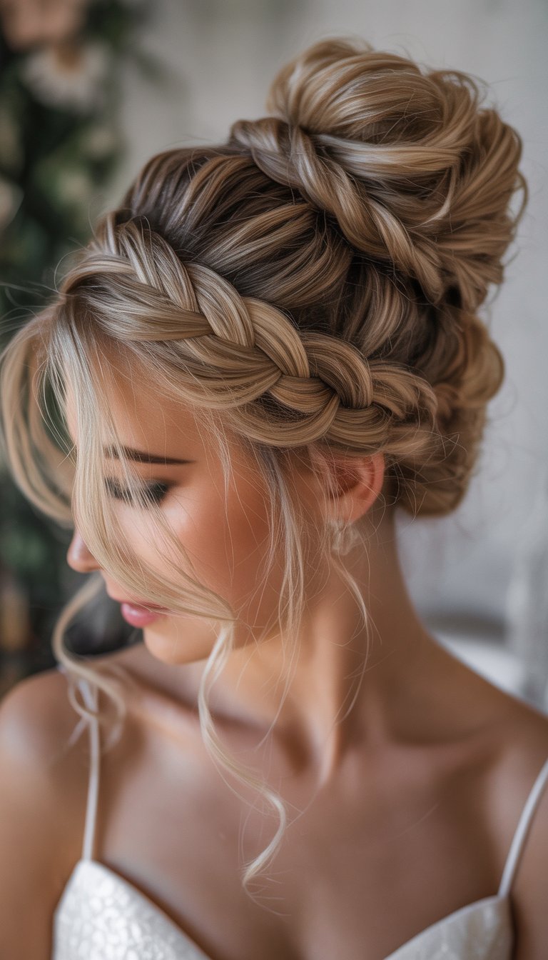 Close-up of a bride with a messy bun hairstyle featuring intricate rope braids wrapped around it.