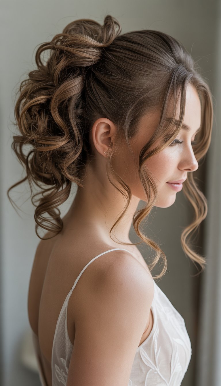 A woman with a half-up messy bun hairstyle and cascading curls, wearing a white dress against a neutral background.