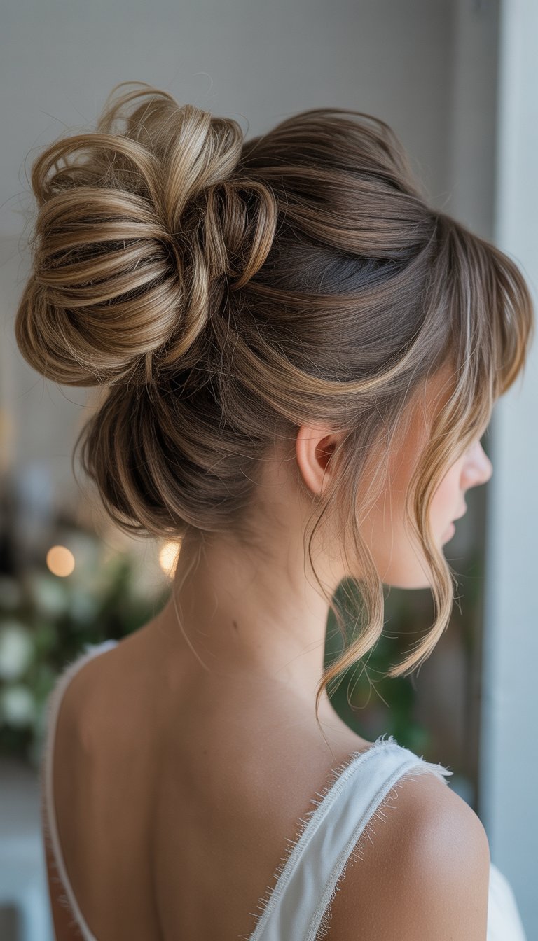 A bride with a messy bun hairstyle featuring subtle highlights, viewed from the back and side.