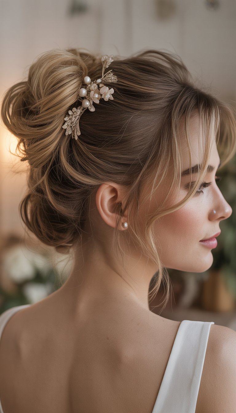 A woman with a messy bun hairstyle decorated with vintage hair accessories, shown from the shoulders up.
