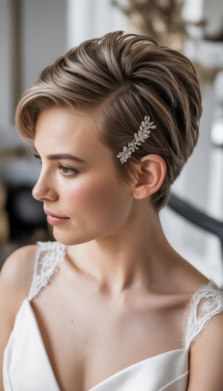 Close-up portrait of a bride with short hair and a jeweled hairpin, wearing a white wedding dress.