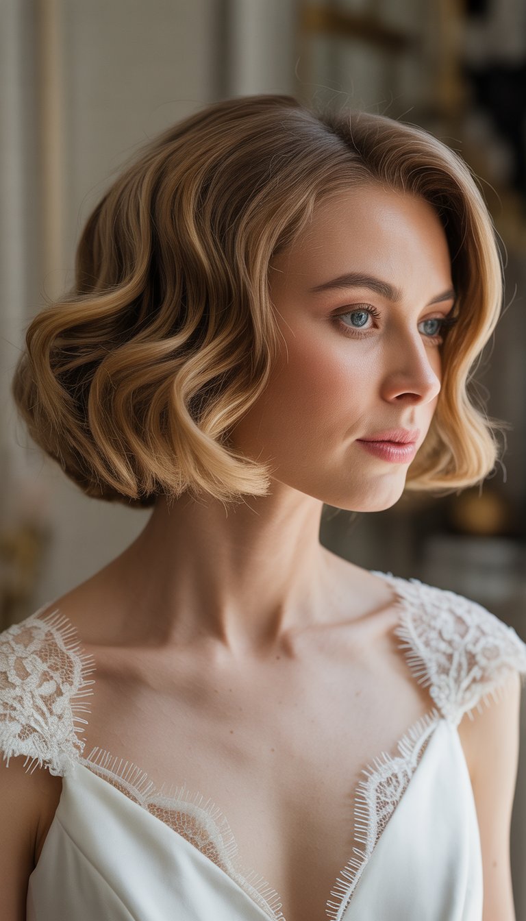 Bride with chin-length soft wavy hair wearing a white wedding dress, looking serene.