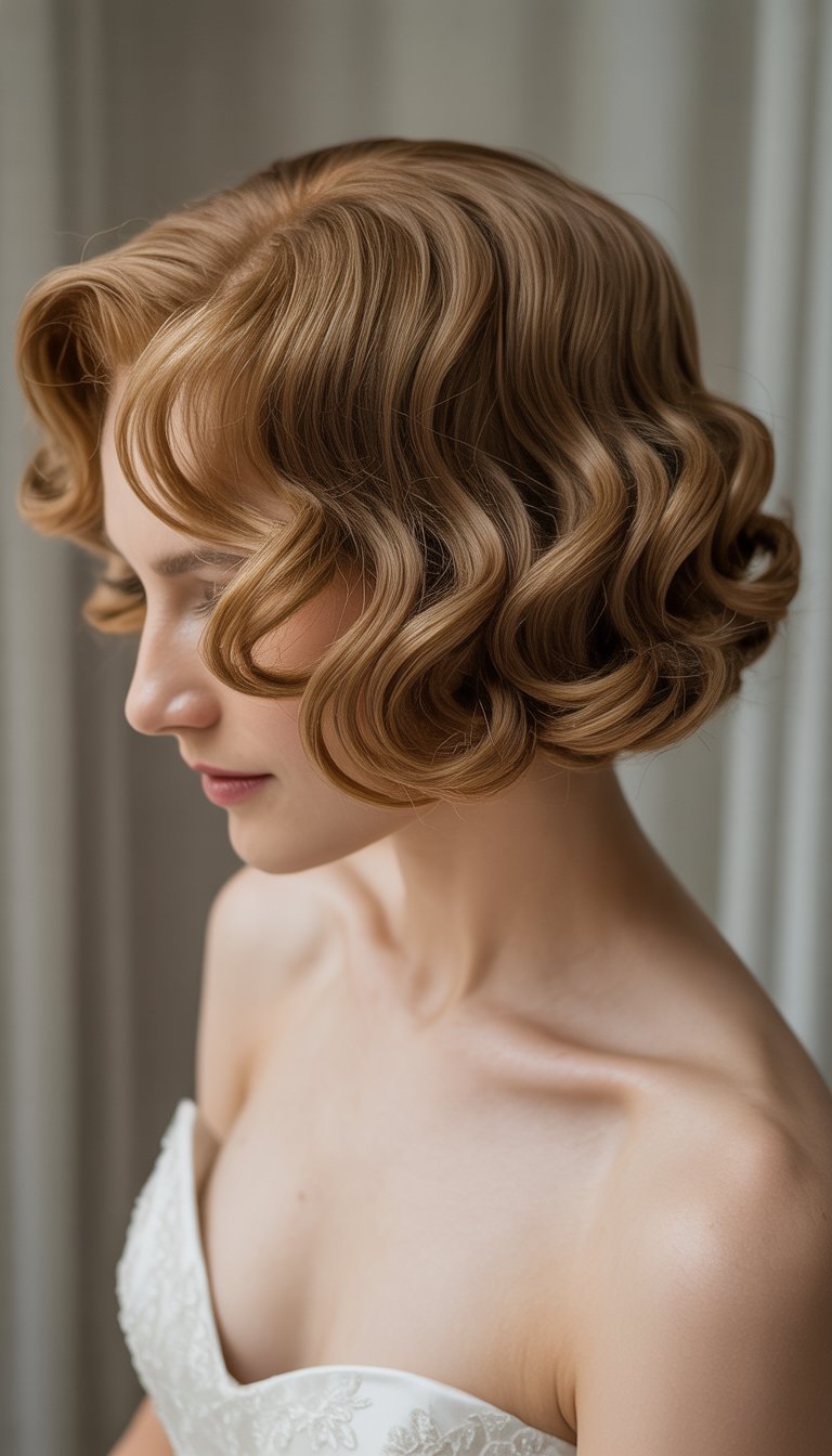 Portrait of a bride with short, wavy hair wearing a white wedding dress against a neutral background.