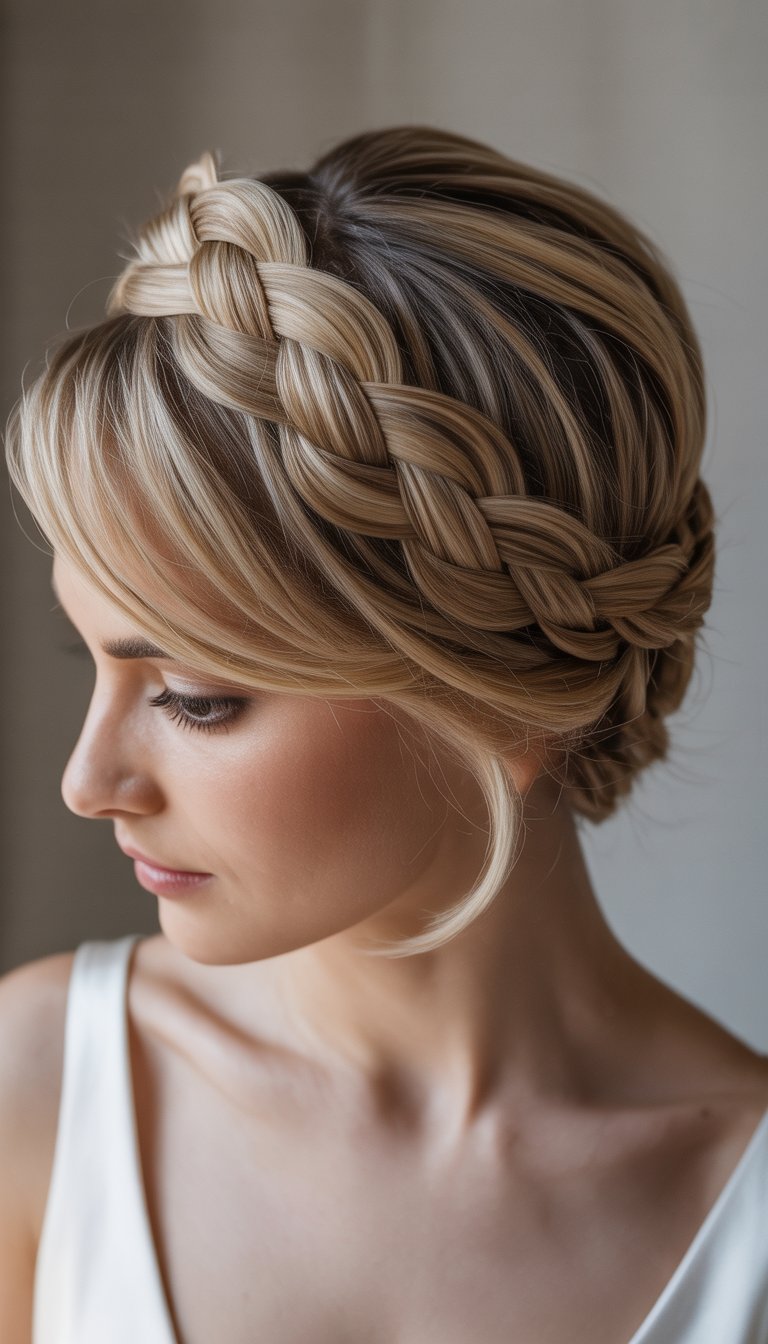Bride with short hair styled in a braided crown headband, smiling softly against a neutral background.