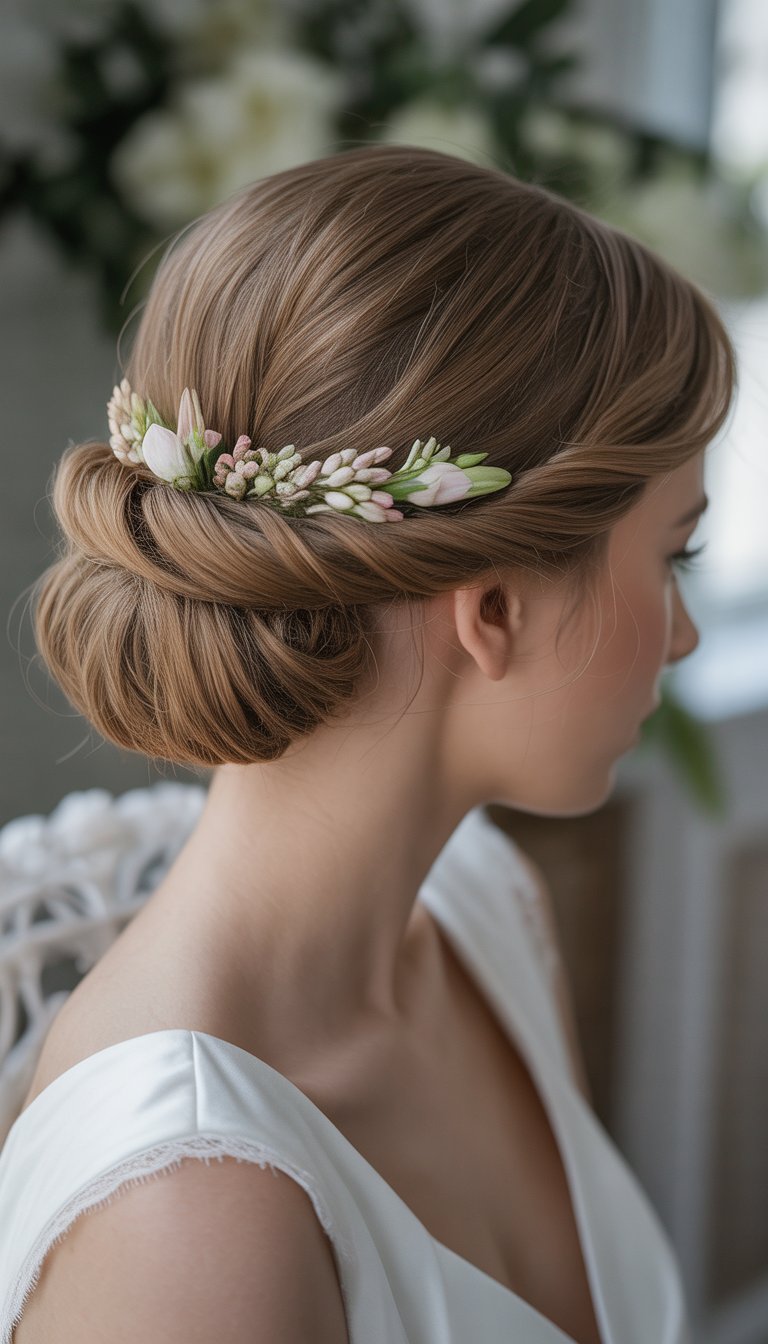 A bride with short hair styled in a low twisted bun decorated with small flowers, wearing a white wedding dress.