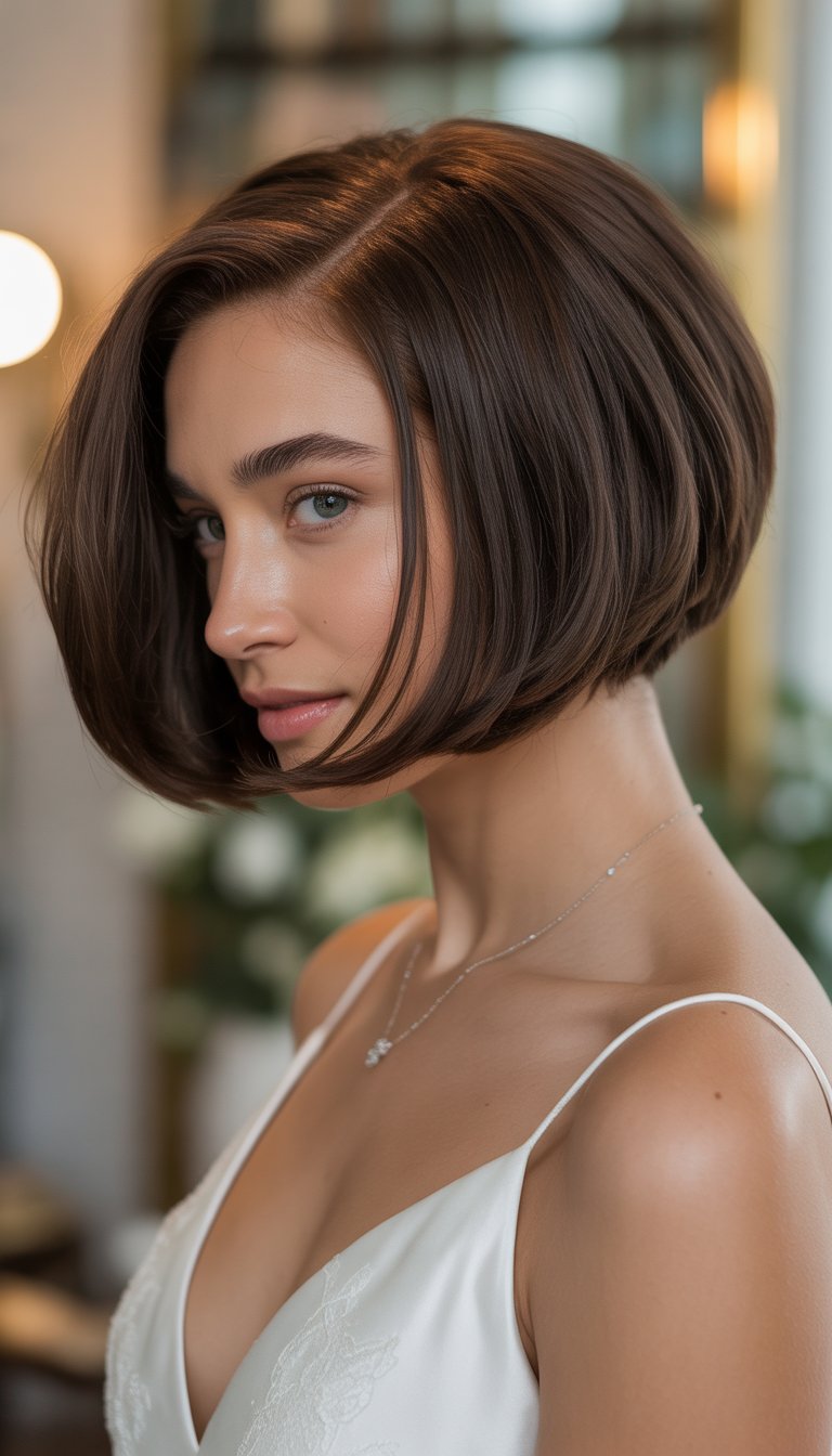 Portrait of a bride with short, shiny hair styled in an asymmetrical bob, wearing a white wedding dress and looking serene.