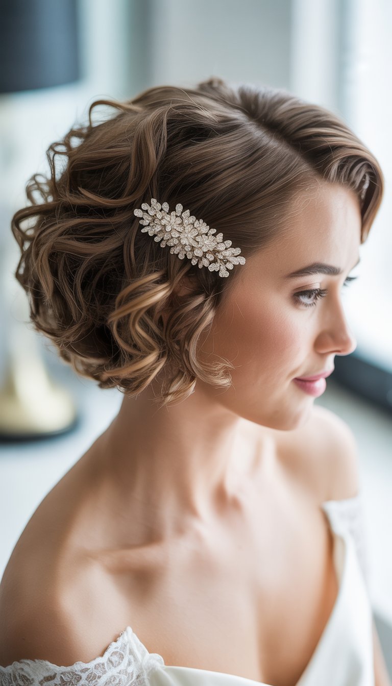 A bride with short curly hair wearing a sparkly hair accessory, looking serene.