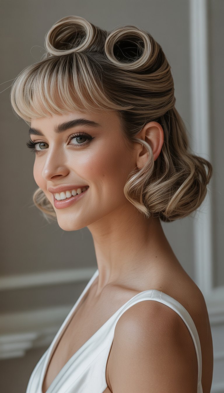 A bride with short hair styled in rolled bangs and loose strands smiling in a softly lit studio.