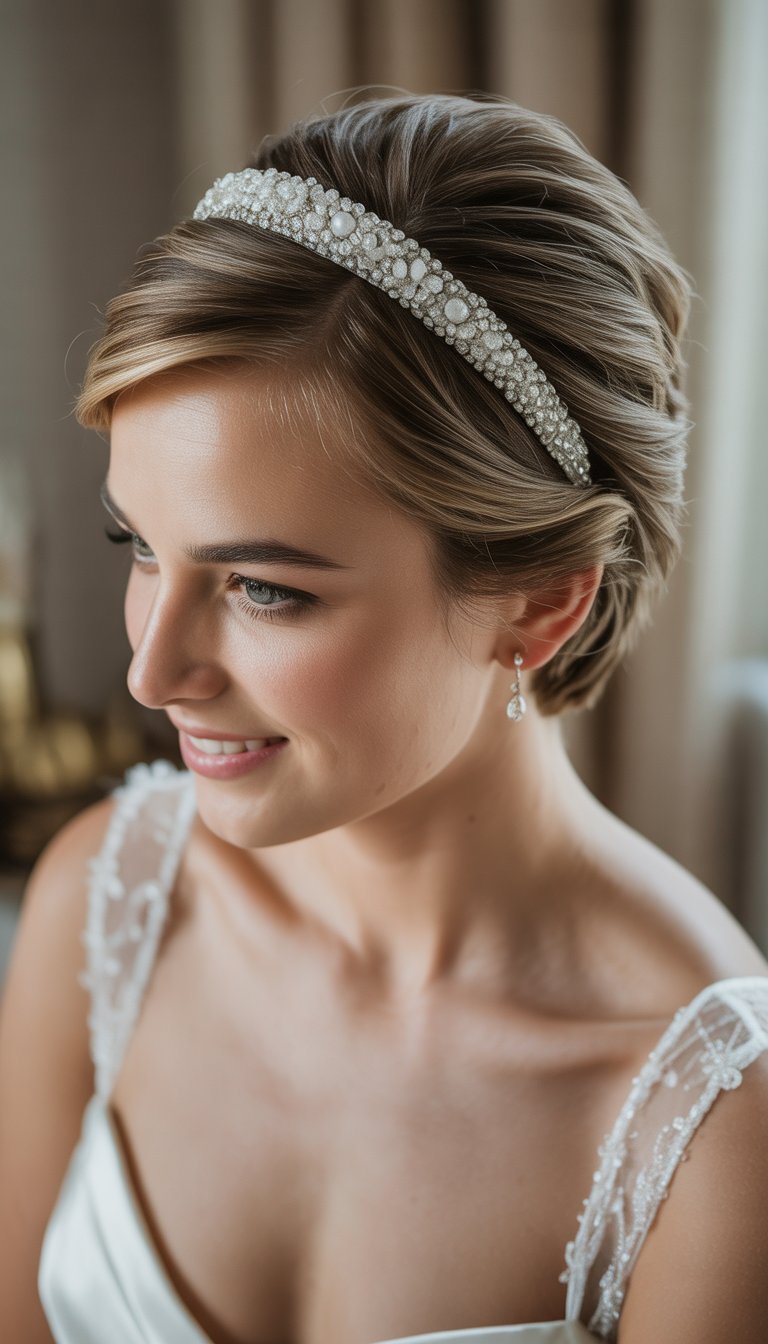 Portrait of a smiling bride with short hair wearing a beaded headband.