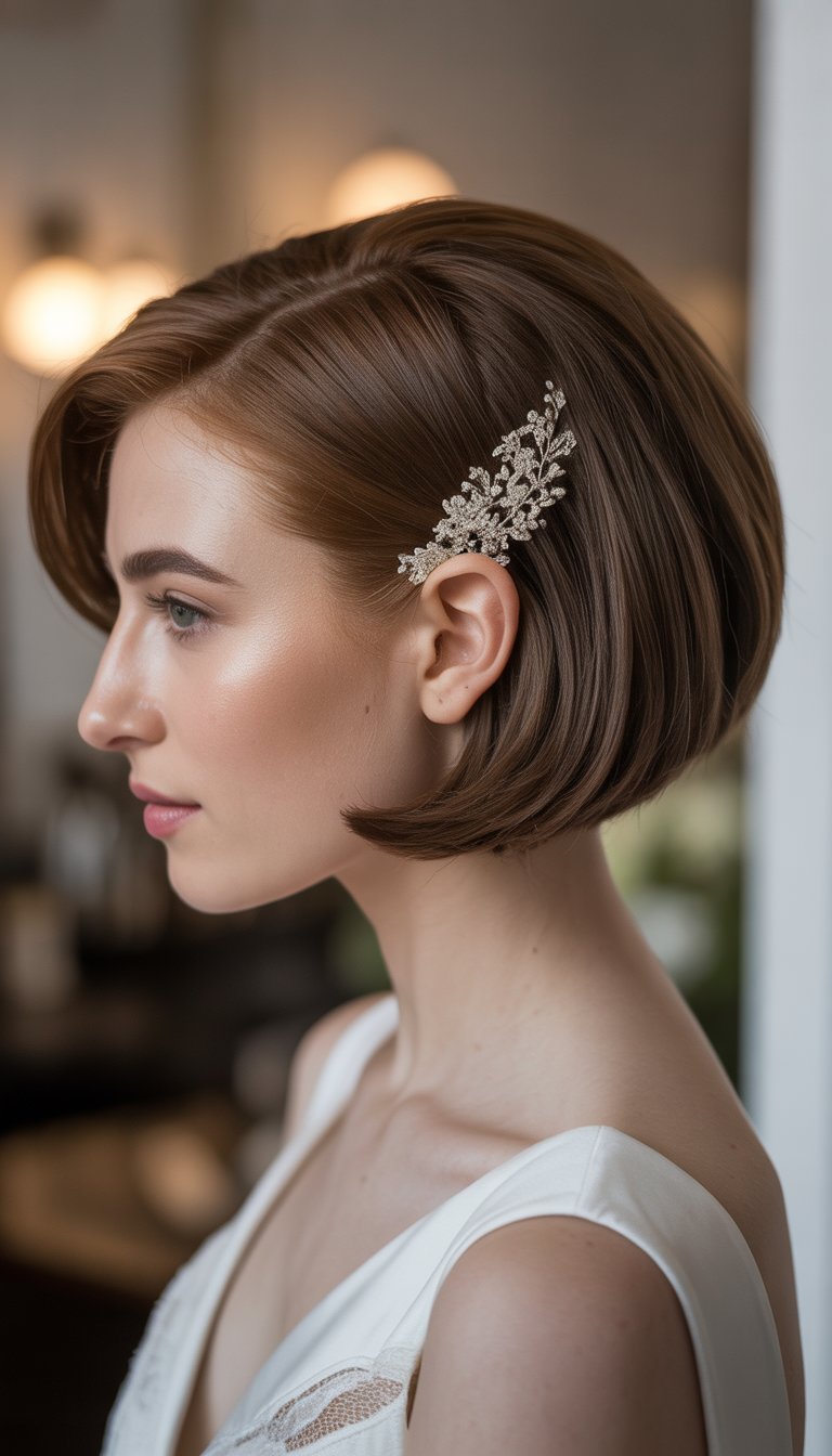 A bride with short hair wearing a white wedding dress and an elegant hair comb in her hair.