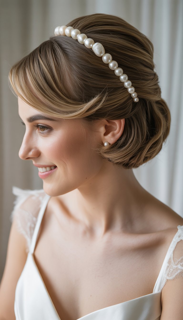 Bride with short hair styled in a half-up twist adorned with pearl pins, wearing a white wedding dress, smiling softly against a neutral background.