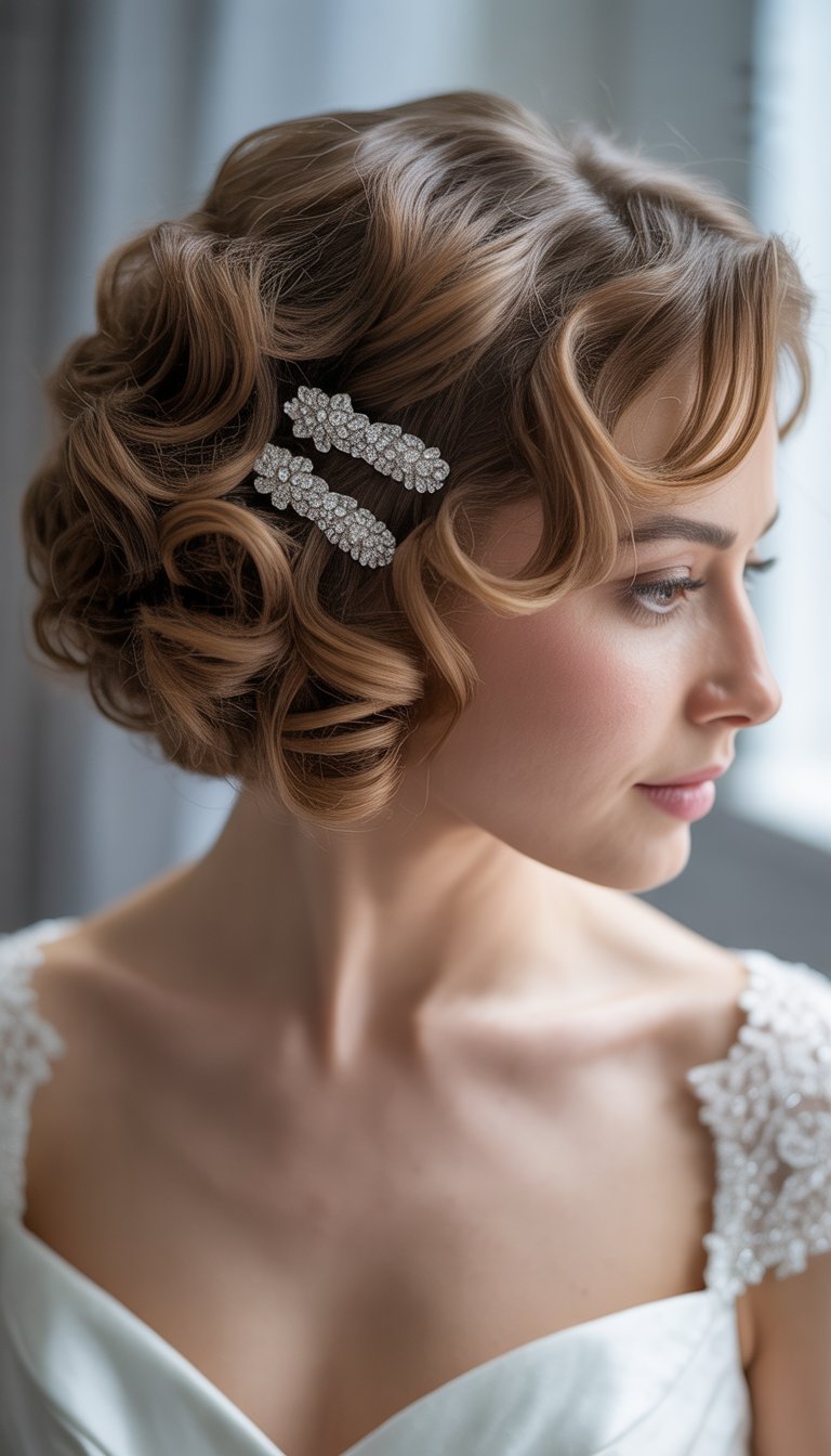 A bride with short curly hair swept to one side, decorated with sparkling crystal clips, wearing a white wedding dress.