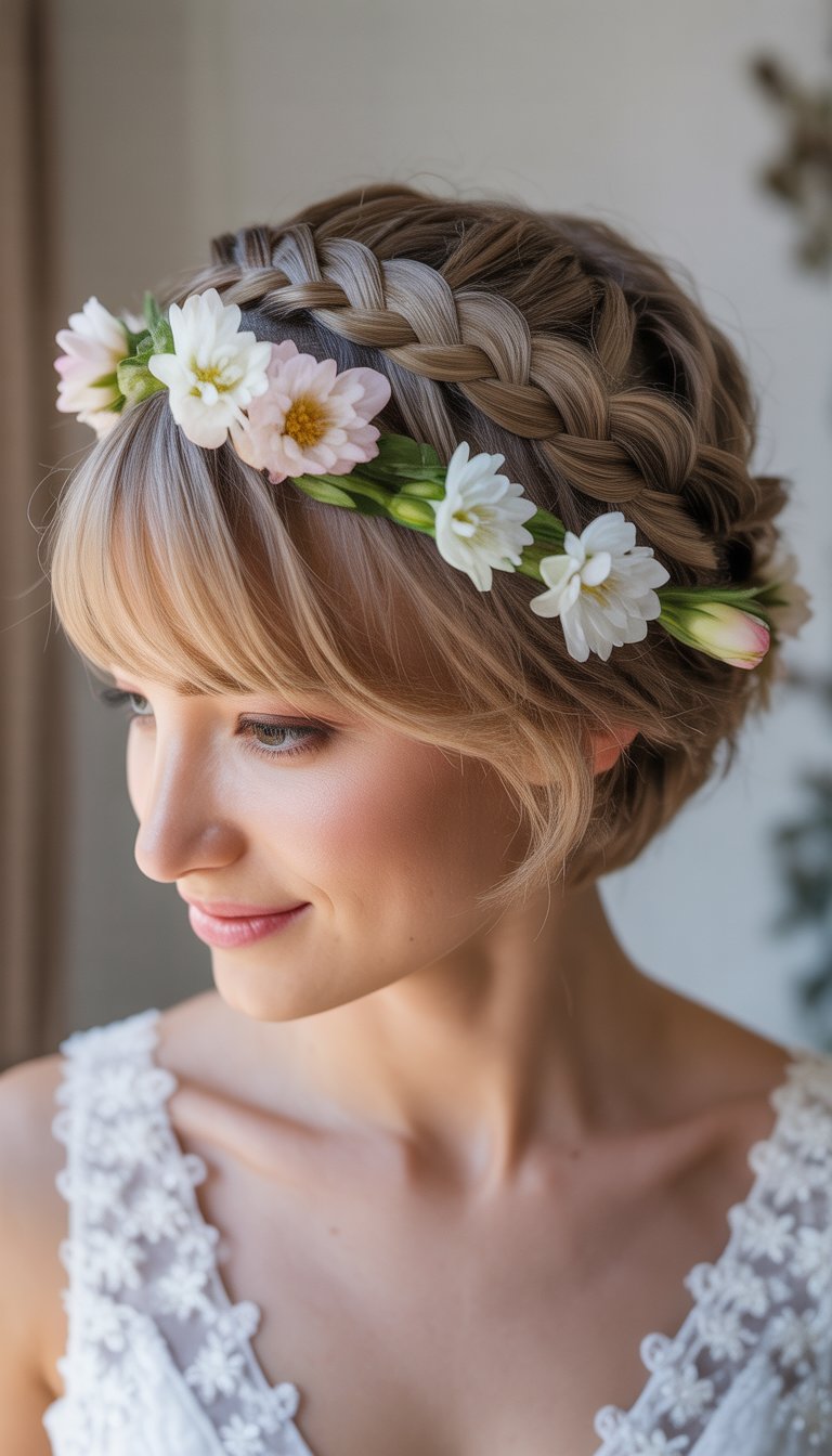 Bride with short hair styled in a braided crown decorated with fresh flowers, smiling gently.