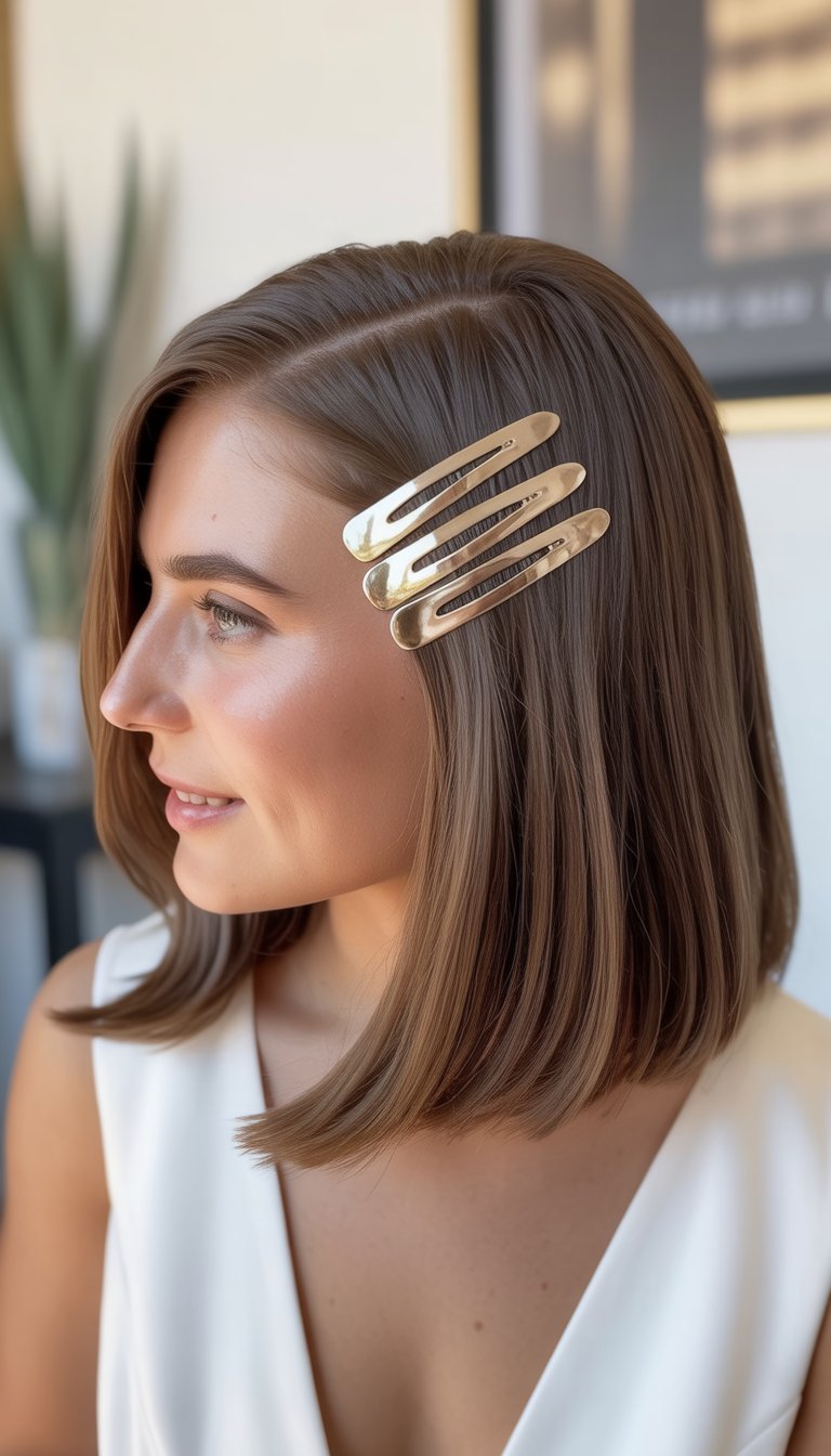 A bride with straight shoulder-length hair styled with metallic hair clips on one side, wearing a white wedding dress.