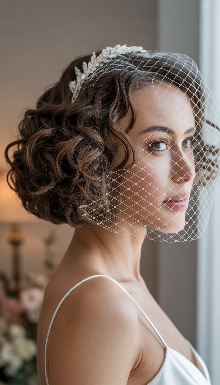 A bride with short curly hair wearing a delicate veil over her head.