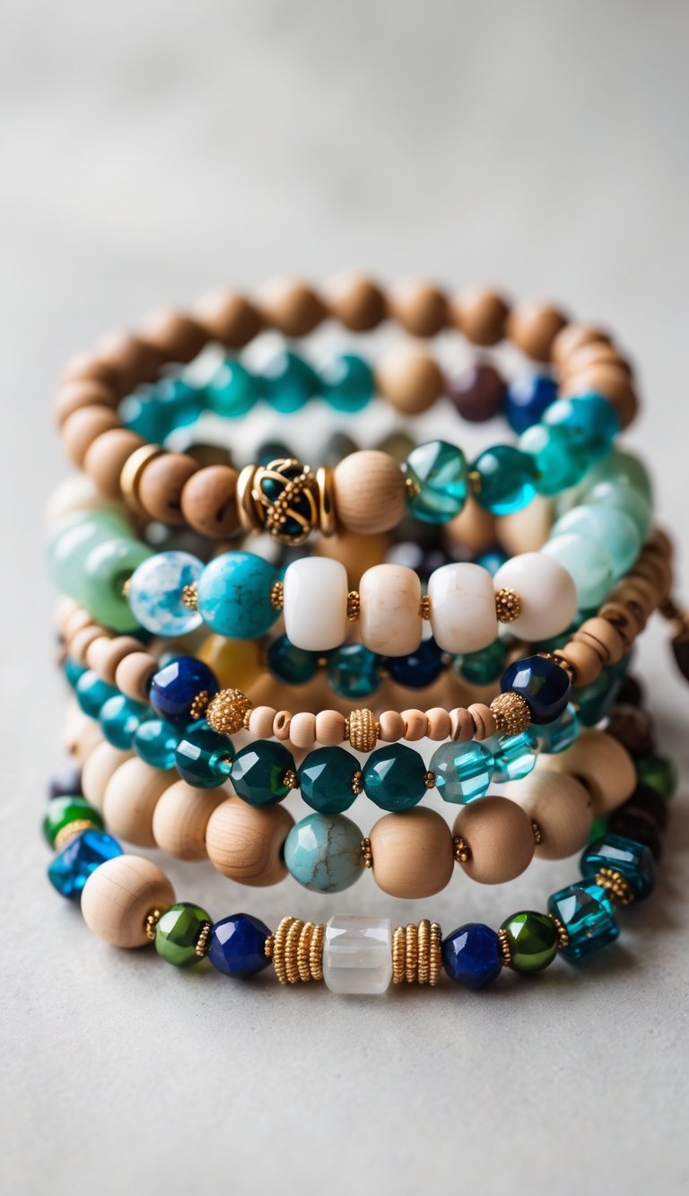 A collection of colorful handmade beaded bracelets arranged on a neutral background.