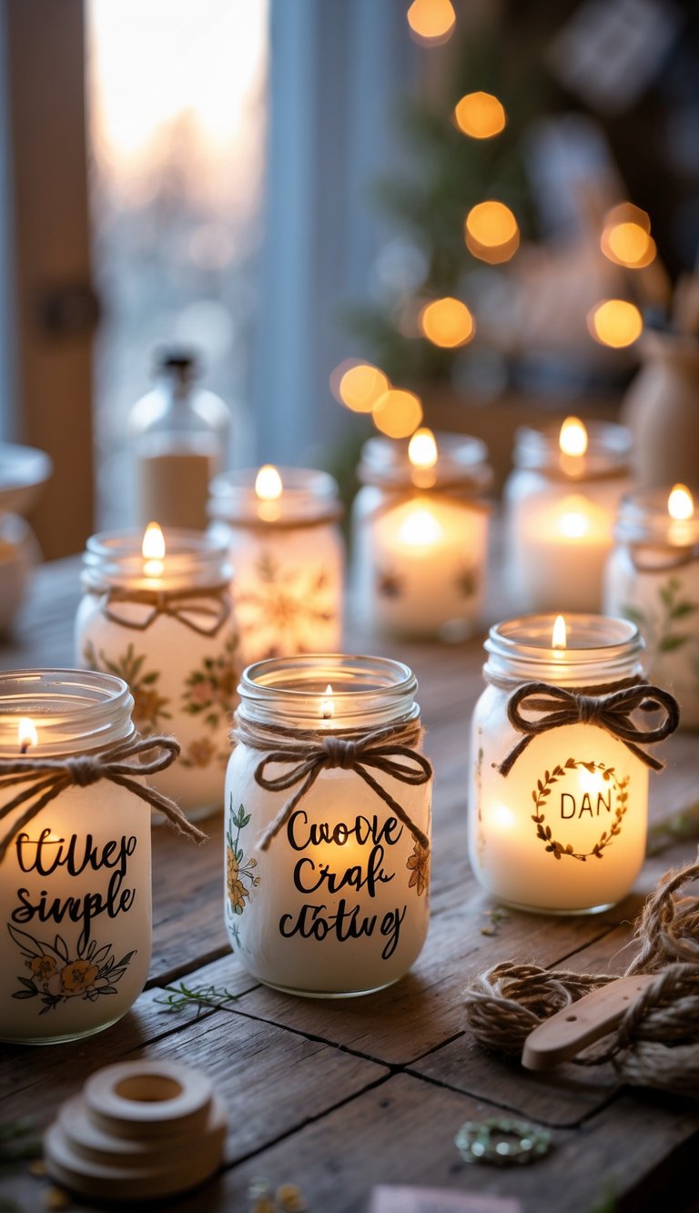 A collection of decorated mason jar candle holders glowing softly on a wooden table with craft supplies around them.