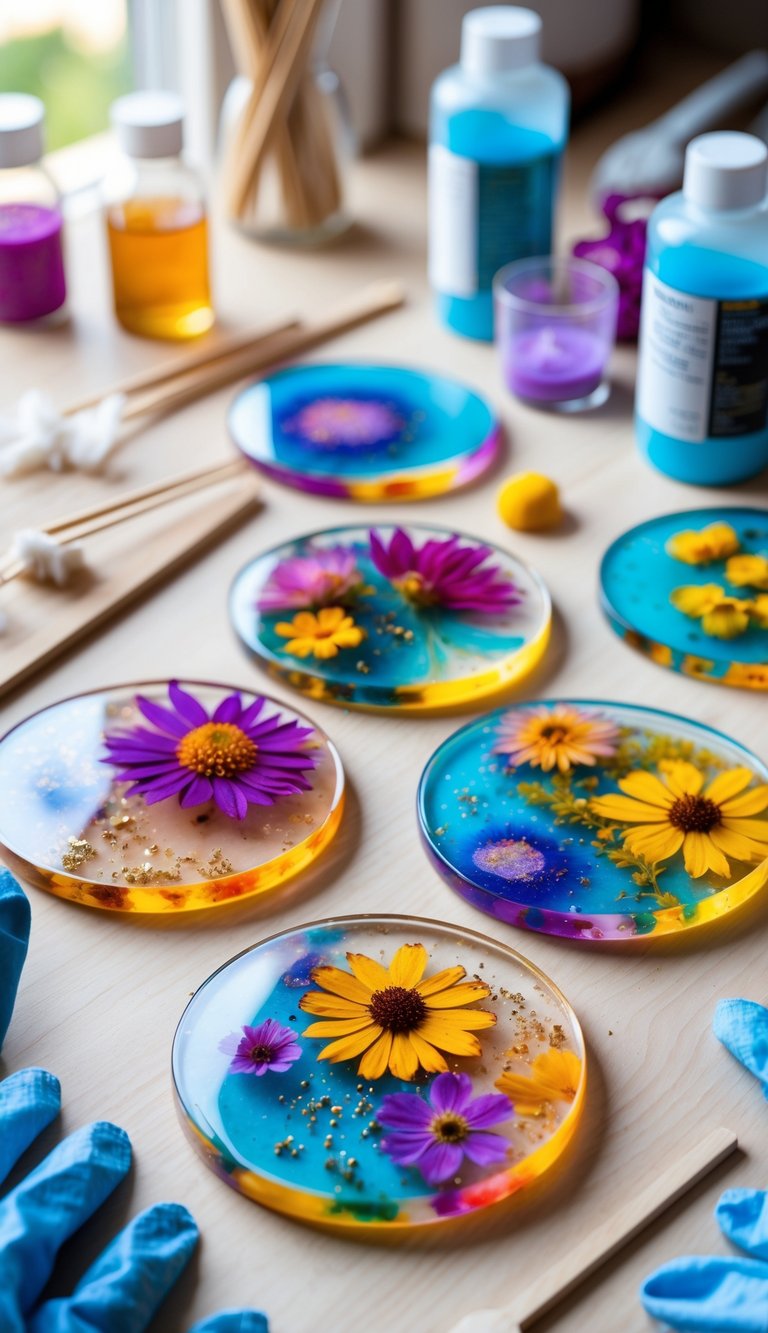 A set of colorful custom resin coasters on a wooden table with crafting supplies around them.