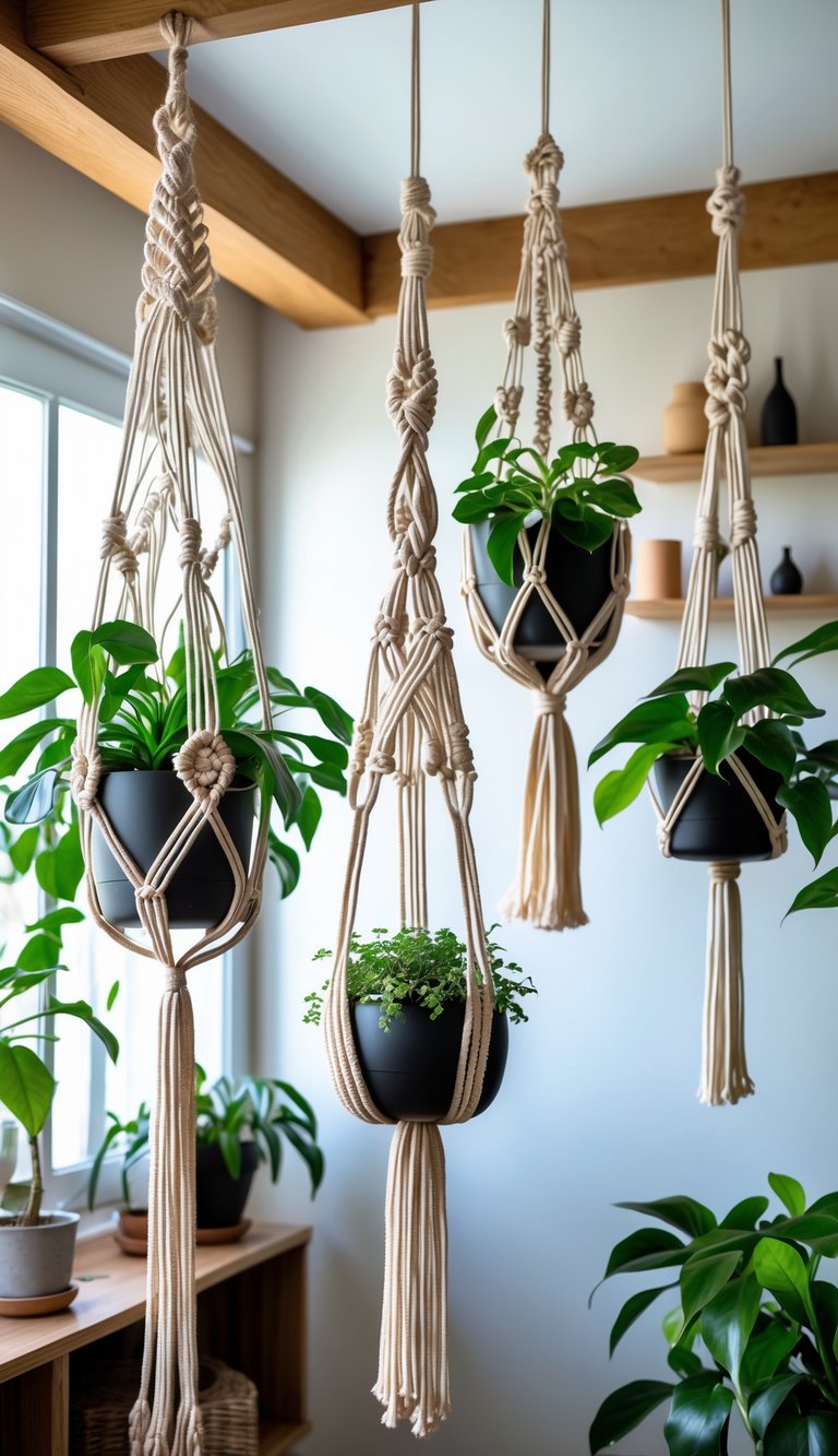 Several macrame plant hangers holding green plants hanging indoors in a bright room with wooden beams and minimal decor.