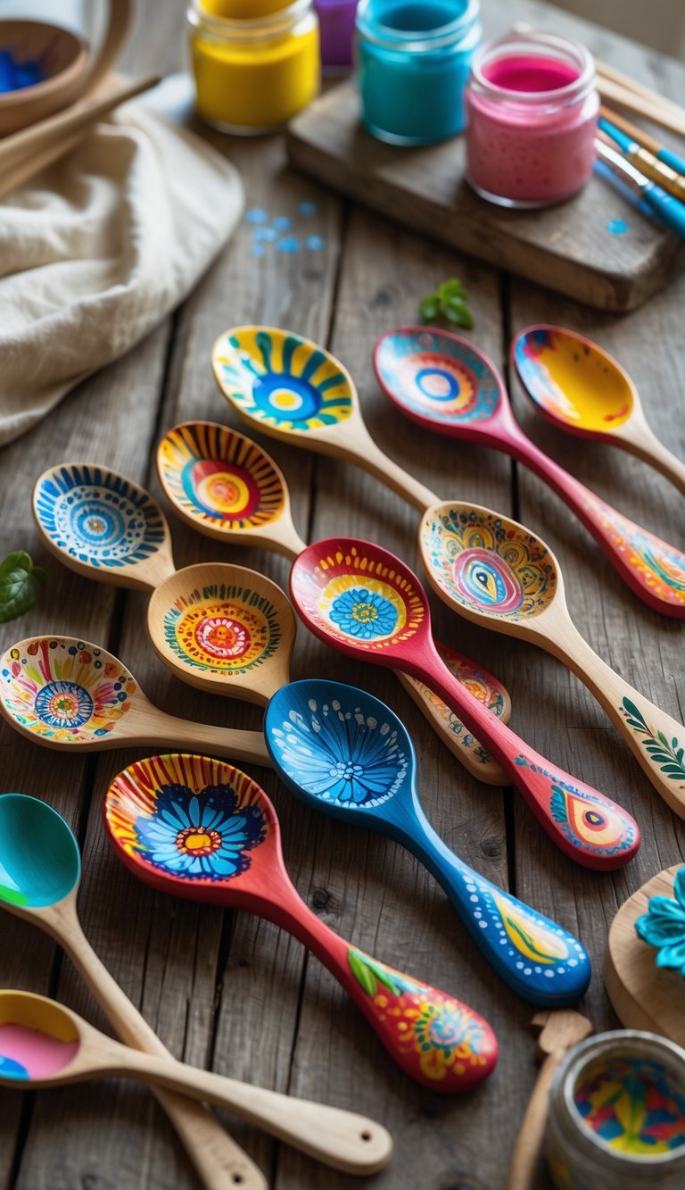 A collection of hand-painted wooden spoons with colorful designs arranged on a wooden surface with paintbrushes and paint jars nearby.